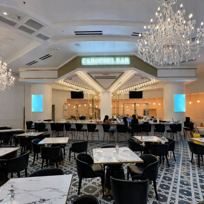Carousel Bar – Interior Design, furniture, chandeliers, decorative elements , Exterior signage, Marquee lights