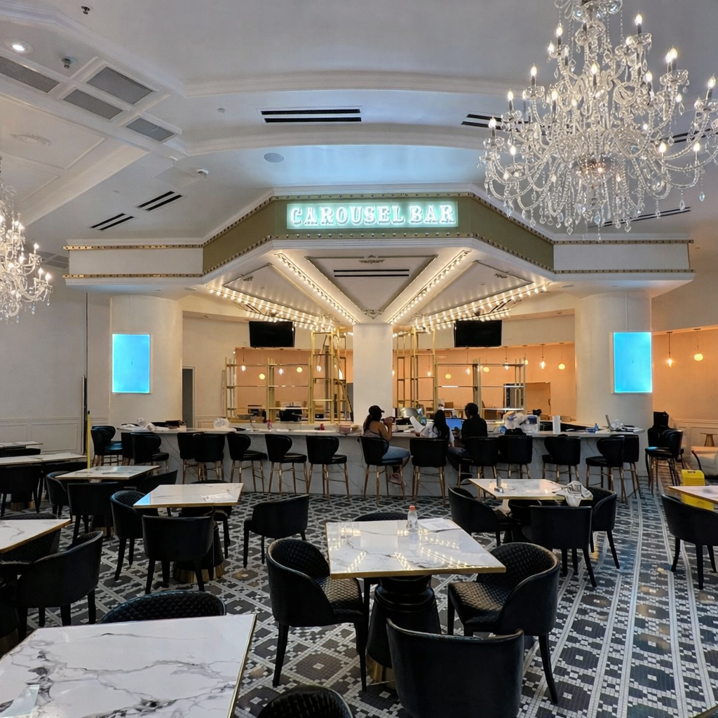 Carousel Bar – Interior Design, furniture, chandeliers, decorative elements , Exterior signage, Marquee lights